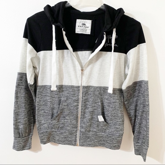 Reflex Front Zip Striped Long Sleeve Hoodie Drawstring California Embroidered - Picture 5 of 14